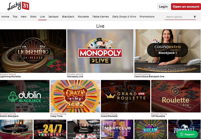 Live casino games at Lucky31 casino nz