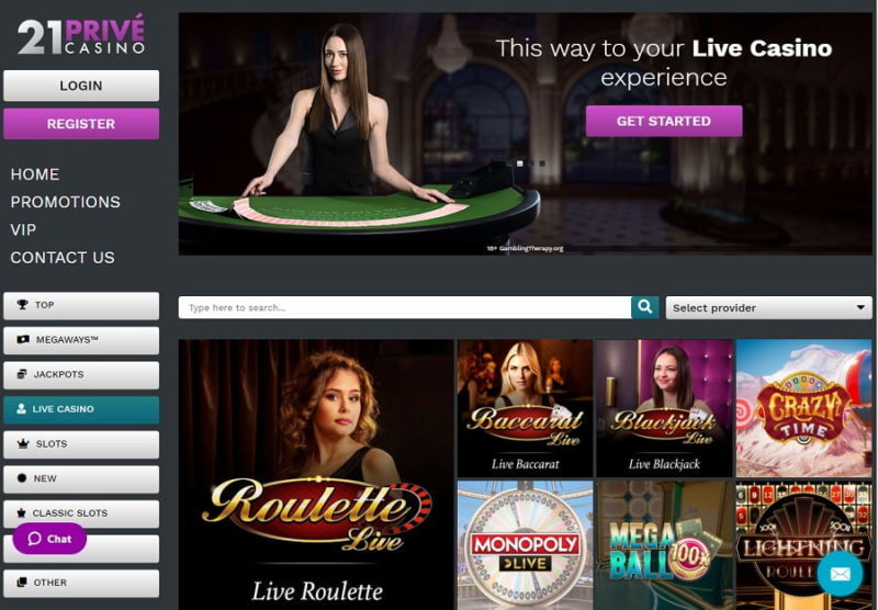 Live casino games at 21Prive Casino nz