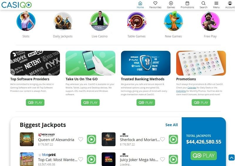 CasiGO online casino homepage view