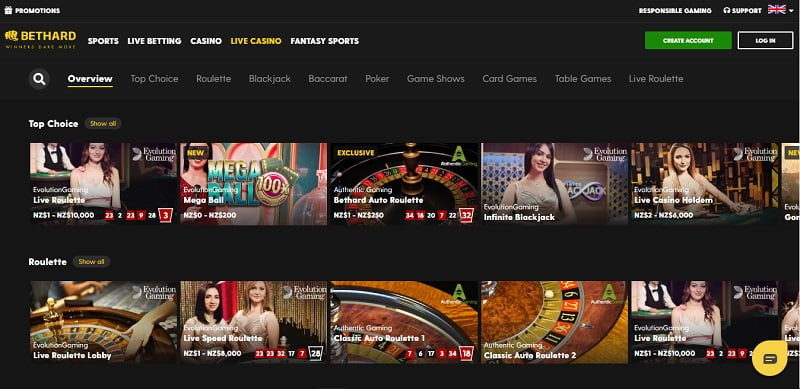 Bethard Casino live casino games NZ