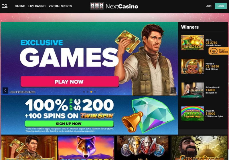Netx casino homepage view