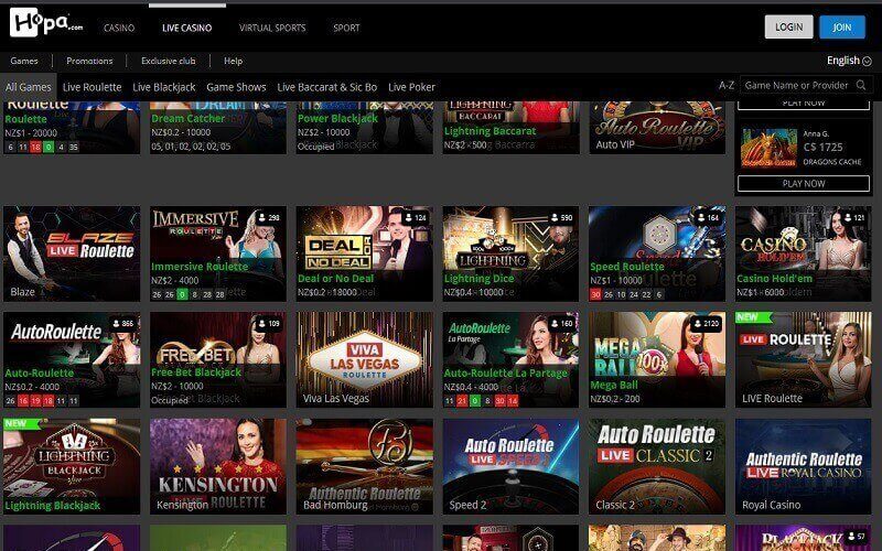 Live casino games at Hopa