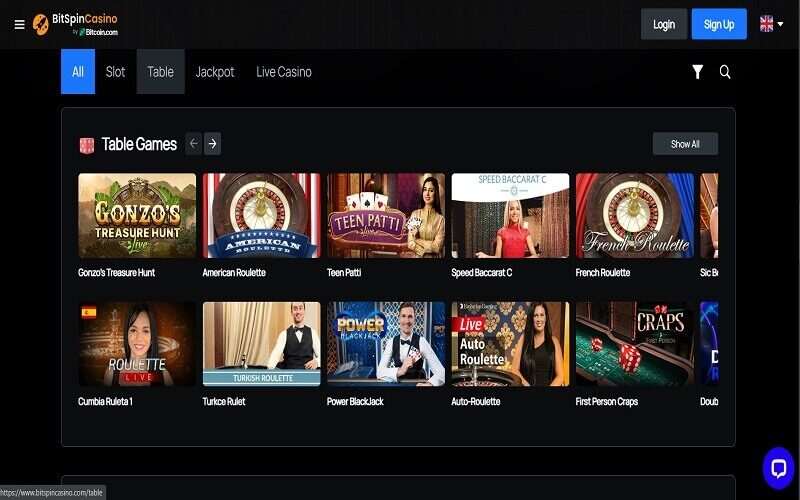 Table games at Bitspin Casino
